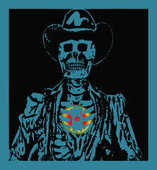 Portrait of a skeleton in a cowboy hat.
In the portrait frame there is a skeleton with a bright light burning in its chest.