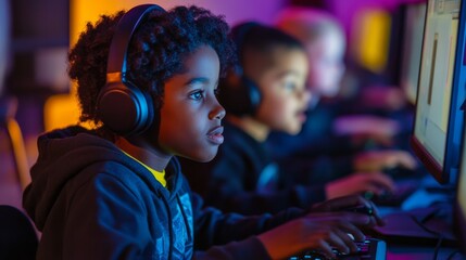 Obraz premium Young Gamer With Headphones Concentrating On The Game.