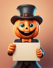 Naklejka premium A happy pumpkin with a top hat, holding a sign text card