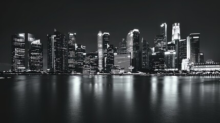 Fototapeta premium A black and white photo of a city skyline at night.