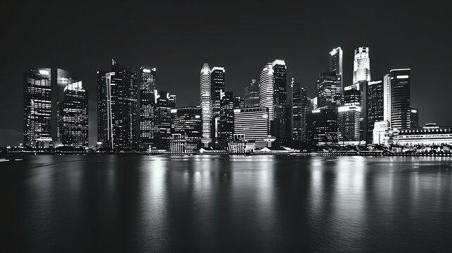 Fototapeta A black and white photo of a city skyline at night.