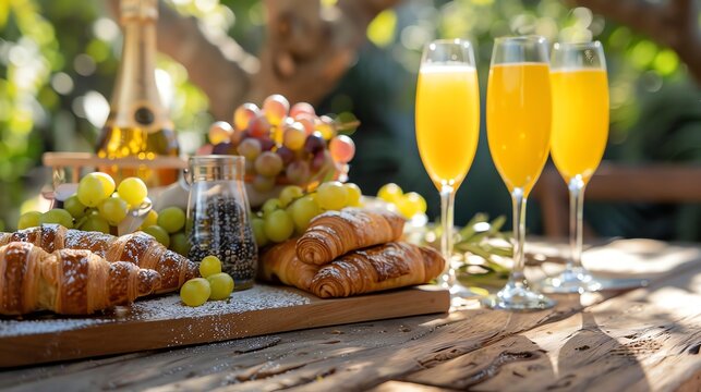 A table setting with mimosas, croissants, and grapes.