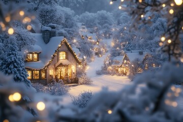 Fototapeta premium A Snowy Village with Illuminated Houses