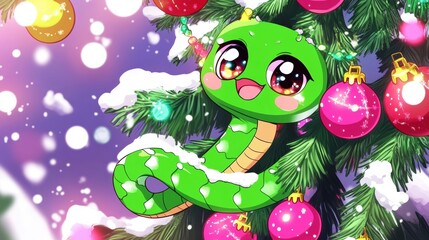 Naklejka premium Illustration for a greeting or postcard for the new year 2025 of the female green wood snake