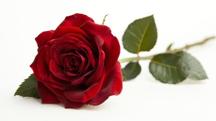 Single Red Rose with Green Leaves.