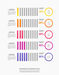 Vector infographic design template. Modern concept with 5 steps. Creative timeline with graph elements, percentage circles and icons. Performance analysis in percent