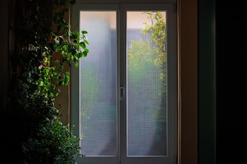 White framed door with wire screen to block insects and mosquitos