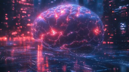 futuristic holographic brain projection with electric synapses floating in a dark room illuminated by neon blue and purple light streaks