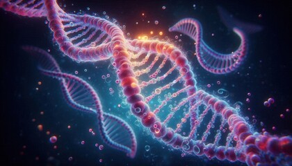 Fototapeta premium Glowing 3D DNA Helix on a Dark Background, Representing the Dynamic Nature of Genetics in Life's Development.