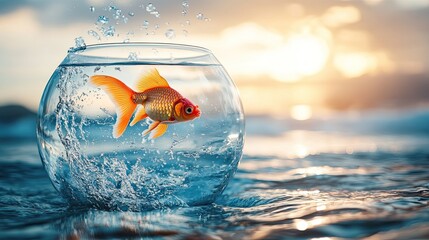 Goldfish Escaping to the Ocean from Fishbowl