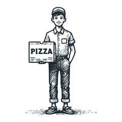 The pizza boy delivery service. Black white vector illustration logo.
