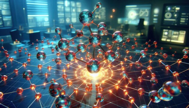 Futuristic Network of Connected Spheres and Glowing Lines in a Digital Interface Representing Advanced Technology and Data Connectivity.