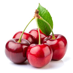 Cherries in branch with isolated in white background