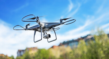Modern drone with a camera flies in the sky.