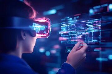 Futuristic person browsing a virtual reality shopping environment filled with holographic product displays representing the future of online retail and Cyber Monday shopping experiences