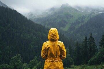 Fototapeta premium Woman in raincoat enjoying rainy mountain scenery from behind