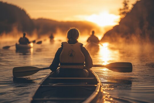 Women practicing rowing on a canoe in the early morning on the river - Powered by Adobe