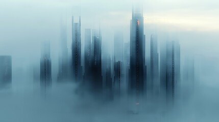 city fog boat foreground cybernetic civilizations blurred dreamy illustration anti utopia shrouded towers