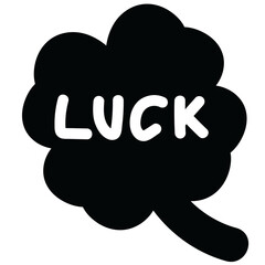 Illustration of black clover leaf with LUCK letters for lucky icon, cute patches, print, brooch, pin, fashion, accessory, merchandise, mockup, sticker, font, typography, text, message, emoji, charm