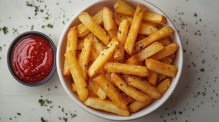 golden crispy french fries arranged artfully accompanied by vivid red sriracha aioli in sleek white dish clean minimalist food photography on pure white backdrop