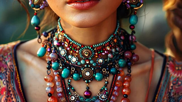 Intricate handmade jewelry showcased by a model at a vibrant outdoor market during sunset