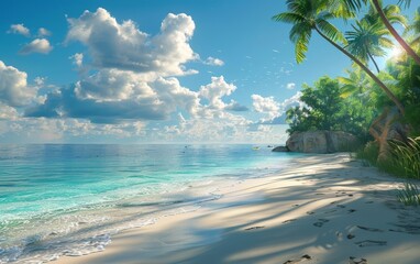 A Group of Friends Enjoying a Relaxing Day at a Soft-Lit Summer Beach Scene with Turquoise Waters and Golden Sands