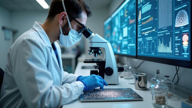 Unveiling Genetic Secrets: A Skilled Lab Male Professional Uses Microscopy to Explore DNA Strands in an Advanced Setting, Showcasing the Intersection of Biology and Technology.