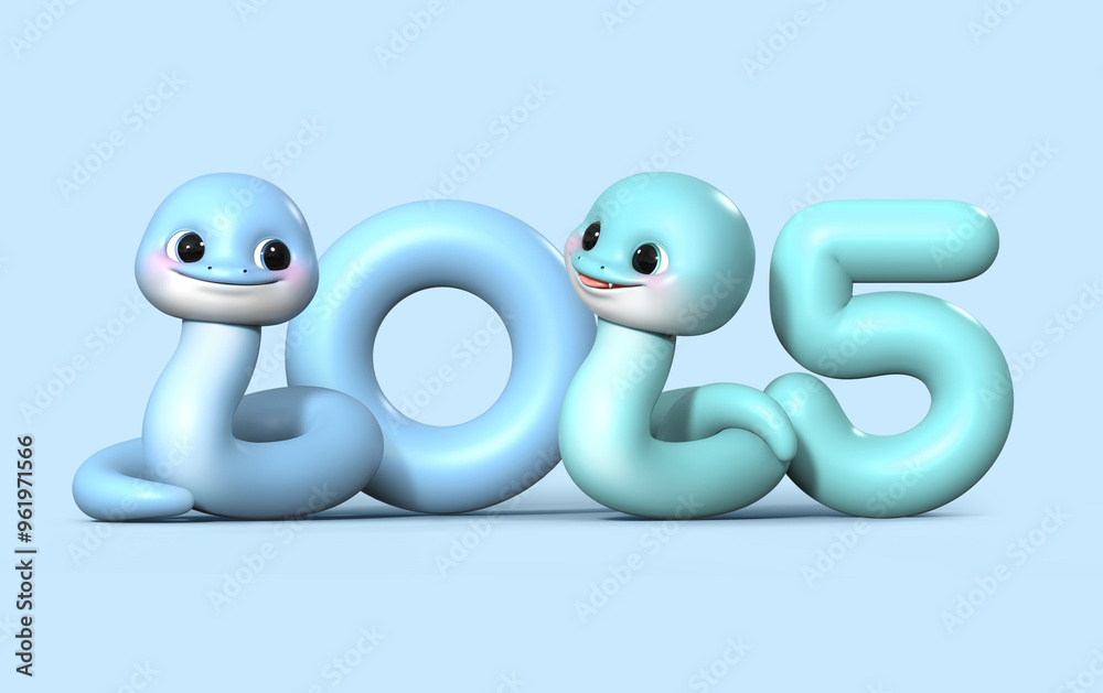 Fototapete 3d 렌더링 된 2025년의 타이포를 을사년 푸름뱀 캐릭터의 몸으로 숫자의 실루엣을 만들어 2025 을사년의 새해 이미지입니다.