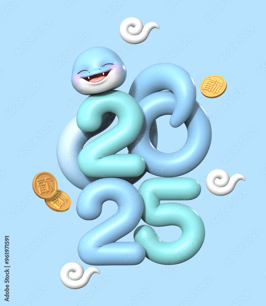 Fototapete 3d 렌더링 된 2025년의 타이포를 을사년 푸름뱀 캐릭터의 몸으로 숫자의 실루엣을 만들어 2025 을사년의 새해 이미지입니다.