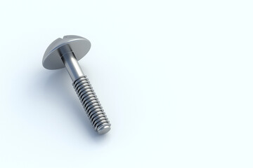 Glossy screw for metal on gray background. Repair tool. Fixing equipment. Workshop accessories. Copy space. 3d render