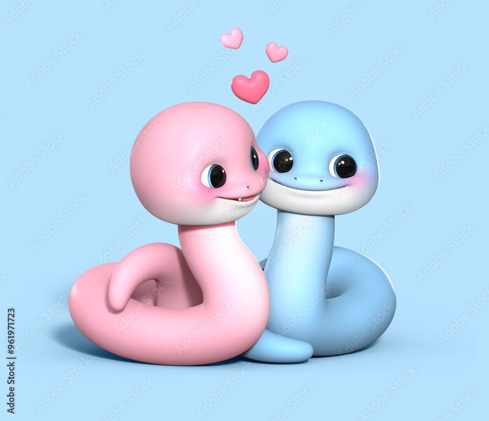 Fototapete 3d 렌더링 된 을사년 푸른뱀의 캐릭터 두마리가 부드러운 몸으로 서로를 감싸 안고 사랑을 표현하고 있습니다. 사랑스러운 표정을 짓고 있는 로맨틱한 분위기의 3d이미지 입니다.