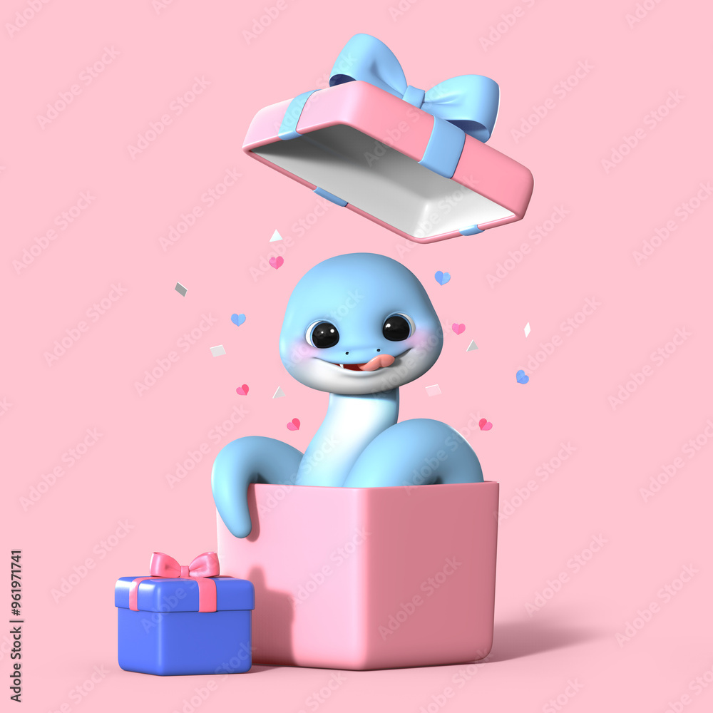 Fototapete 3d 렌더링 된 선물상자 뚜껑이 열리면서 을사년 푸름뱀의 캐릭터가 몸의 부드러운 곡선을 그리며 상자 밖으로 나와 호기심의 표정을 지으며 주위를 탐색하고 있습니다. 푸른뱀은 새로운 