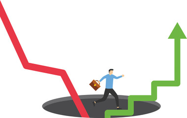 Fototapeta premium Businessman climb up ladder from deep hole. Business to survive, economic recession. Flat modern vector illustration.