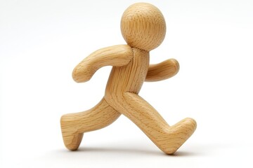 Wooden figure sprinting alone on blank background