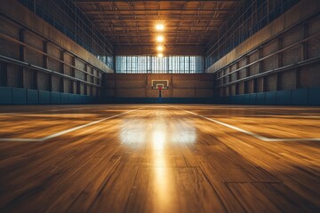 Wooden floor sports hall with court markings for multiple sports