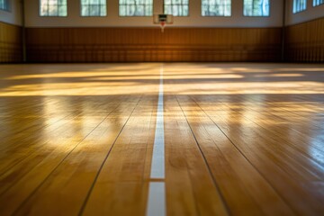 Wooden indoor gym court with marking lines for volleyball basketball and badminton with light effect