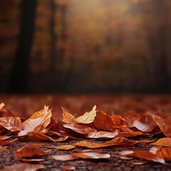 Autumn leaves, scattered across a forest floor, 3D illustration, copy space for text,