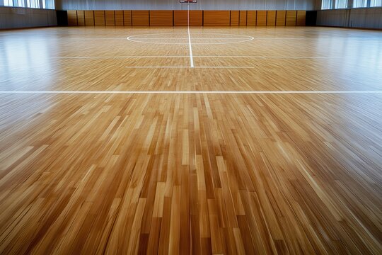 Wooden floor sports hall with marking lines for indoor court