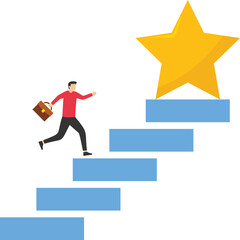 Confident businessman climb up stair to the top to reaching to grab precious star reward. Reaching business goal. Vector illustration.

