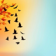 Autumn sky, filled with migrating birds, 3D illustration, copy space for text,