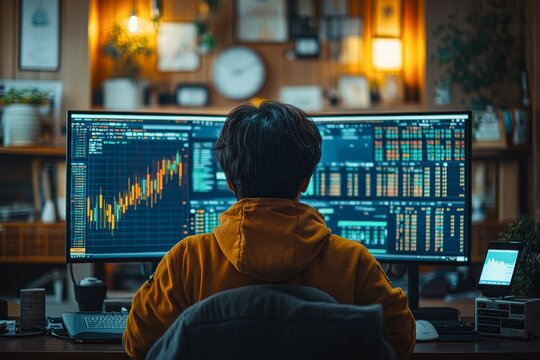 A person wearing a hoodie is intensely focused on multiple monitors displaying complex stock market charts and data, ideal for use in financial analysis, trading, or technology-related content,