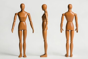 Obraz premium Wooden mannequins in exercise posture on white background