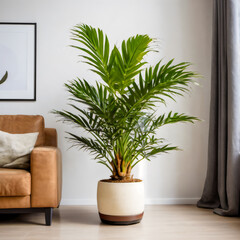 cat palm  plant minimal modern pot living room with floral design indoor Chamaedorea cataractarum in a stylish home interior