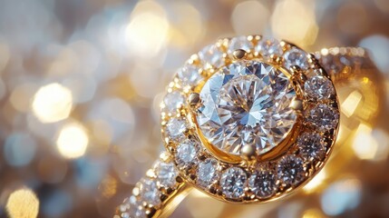 Fototapeta premium A close-up of a luxurious gold ring with a diamond centerpiece. The ring is showcased with a soft, blurred background that highlights its elegance and sparkle