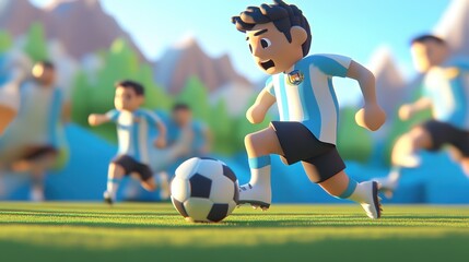 Fototapeta premium A cartoon soccer player in a blue and white jersey dribbles the ball downfield, with his teammates in the background.