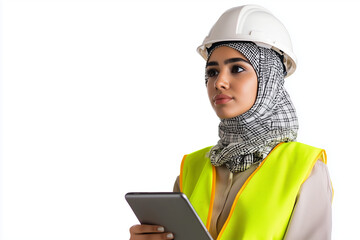 A muslim woman is smiling and holding a tablet in her hands. She is wearing a hijab with her hard hat and a yellow vest. The background is a white, isolated setting.