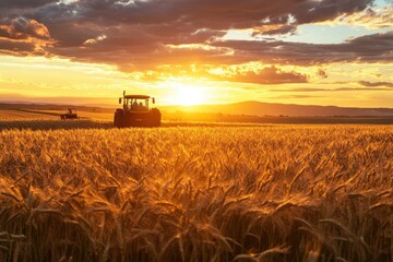 Fototapeta premium Workers and tractor in wheat field at sunset