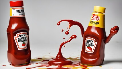 saucy ketchup and mustard two condiment bottles ketchup and mustard arguing and fighting each other.