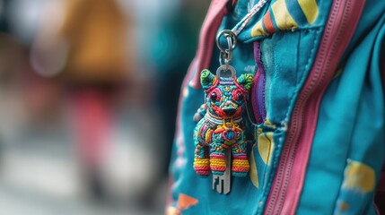 A colorful, intricate key fob in the shape of an animal, hanging from a child backpack.