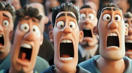 Obraz premium A crowd of cartoon men with wide eyes and mouths open in shock or surprise.